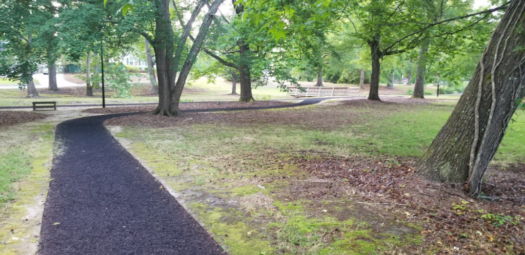 A black rubber trail curving past a bridge with scattered trees at Kendall Park Trail