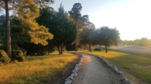 Invista trail outlined in medium sized rocks on a gravelly trail with the sun shining and going down