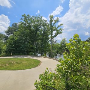Curved concrete path by green trees and bushes under a partly cloudy, blue sky.