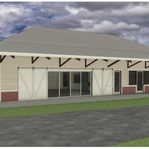 A modern, single-story building with a large overhanging roof and barn-style sliding doors.