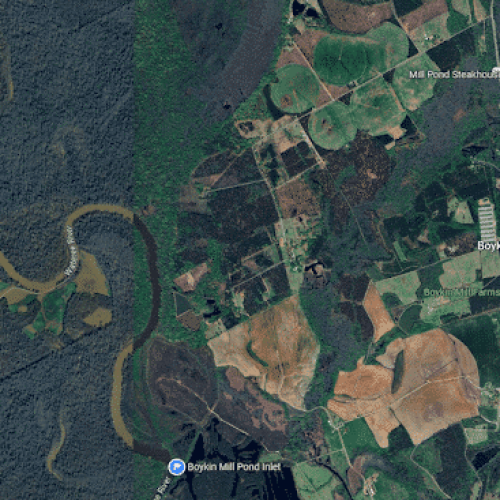 Aerial satellite view of Boykin, South Carolina, showing farmland, forests, and winding rivers.