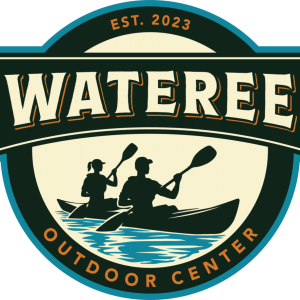 Logo for Wateree Outdoor Center with two people kayaking, established 2023, in retro-style design.